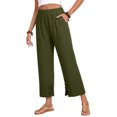 thumbnail image 1 of Linen Pants for Women Petite Wide Leg Baggy Elastic Waist Flowy Palazzo Casual Pants with Pockets Beach Travel Trousers Pull On Green 2XL, 1 of 6