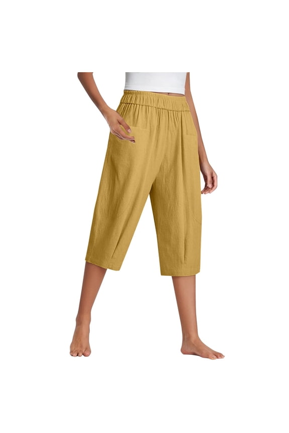 Linen Pants for Women Plus Size Summer Cotton Linen Cropped Pants Loose Elastic Waist Harem Pants