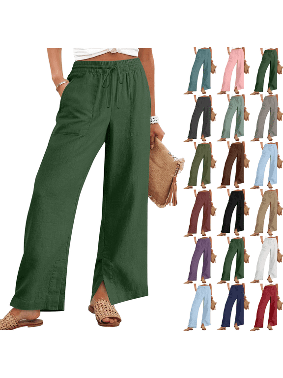 Linen Pants for Women Plus Size Summer Loose Elastic Waist Straight Leg Trousers with Pockets Beach Travel Vacation Lounge Pants,Sizes S-4XL
