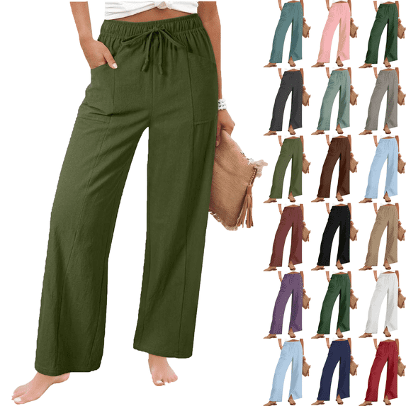Linen Pants for Women Plus Size Summer Loose Elastic Waist Straight Leg Trousers with Pockets Beach Travel Vacation Lounge Pants,Sizes S-4XL