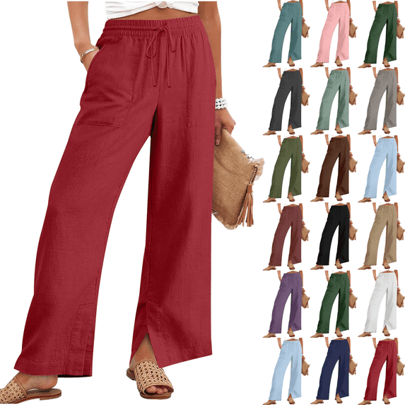 Linen Pants for Women Plus Size Summer Loose Elastic Waist Straight Leg Trousers with Pockets Beach Travel Vacation Lounge Pants,Sizes S-4XL