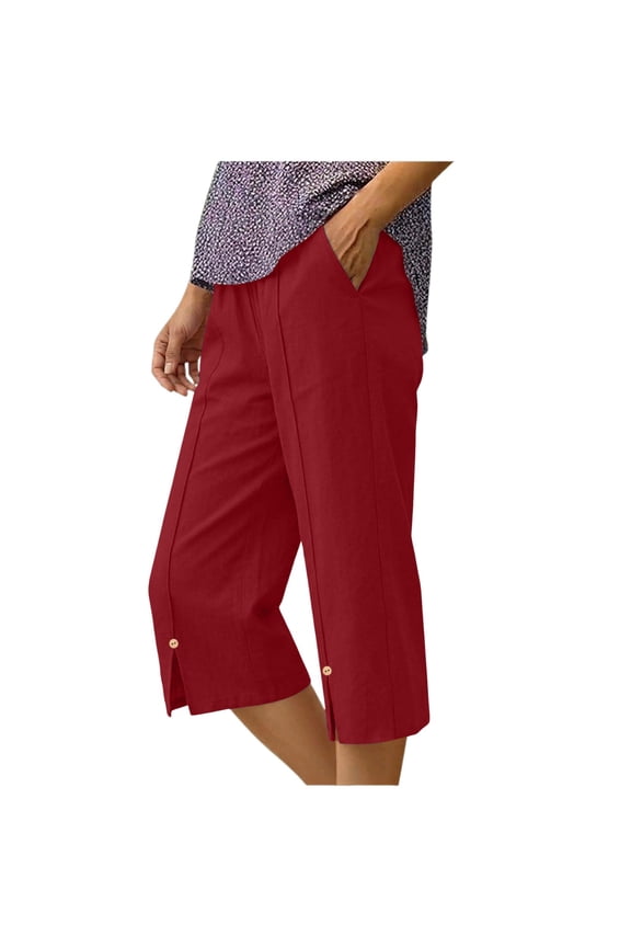 Linen Pants for Women Straight Leg Loose Work Pants with Side Split Elastic Waist Casual Capri Lightweight Summer Bottoms for Loungewear