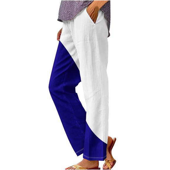 Linen Pants for Women Striped Straight Leg Elastic Waist Pants with Pockets Casual Loose Summer Beach Pants (L, Blue)