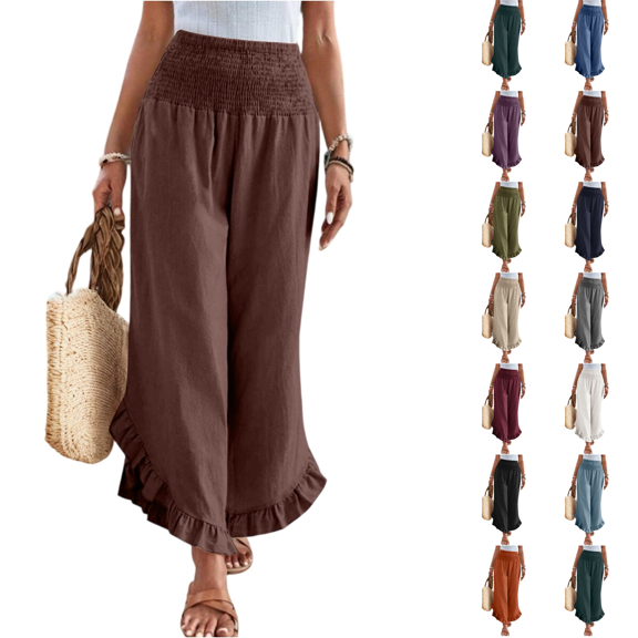 Linen Pants for Women Summer Wide Leg Palazzo Pants Boho Smocked High Waisted Ruffle Hem Beach Flowy Pull On Pant Cropped Trousers Coffee S