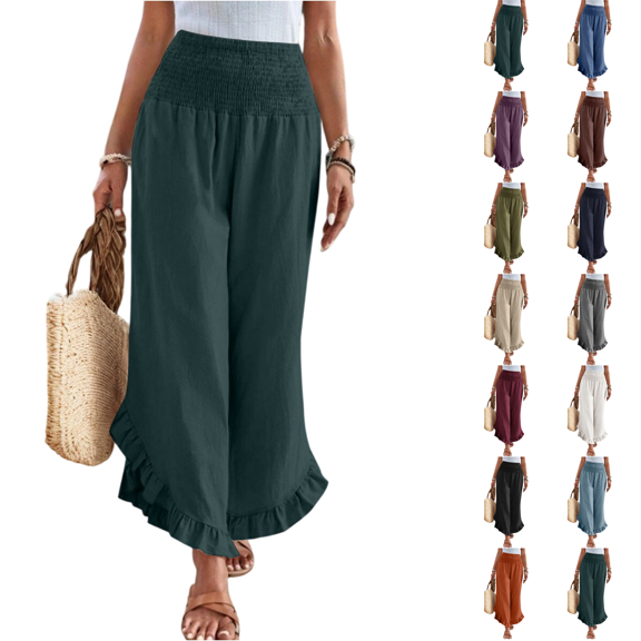 Linen Pants for Women Summer Wide Leg Palazzo Pants Boho Smocked High Waisted Ruffle Hem Beach Flowy Pull On Pant Cropped Trousers Dark Green S