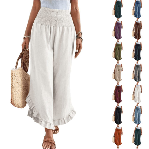 Linen Pants for Women Summer Wide Leg Palazzo Pants Boho Smocked High Waisted Ruffle Hem Beach Flowy Pull On Pant Cropped Trousers White S