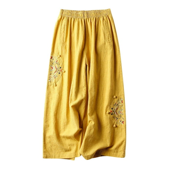 Linen Pants for Women Wide Leg Boho Harem Pants Ethnic Retro Palazzo Pants Floral Embroidered Trousers