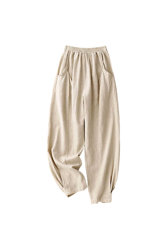 Linen Pants for Women - Wide Leg Casual Lounge Pants with Elastic Waist, Summer Breathable Palazzo Trousers for Weekend & Everyday Wear(Beige,XXL)