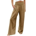 thumbnail image 1 of Linen Pants for Women Wide Leg High Waisted Palazzo 2024 Summer Beach Boho Smocked Trousers Lounge with Pockets, Khaki S, 1 of 7