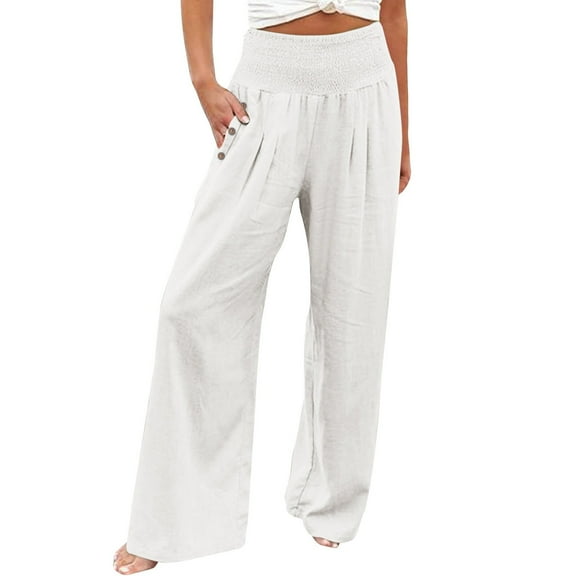 Linen Pants for Women Wide Leg High Waisted Palazzo 2024 Summer Beach Boho Smocked Trousers Lounge with Pockets, White XL