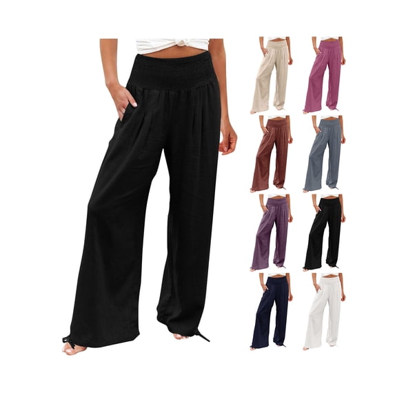 Linen Pants for Women Wide Leg High Waisted Summer Pants Casual Boho Long Trousers Beach Vacation Outfits