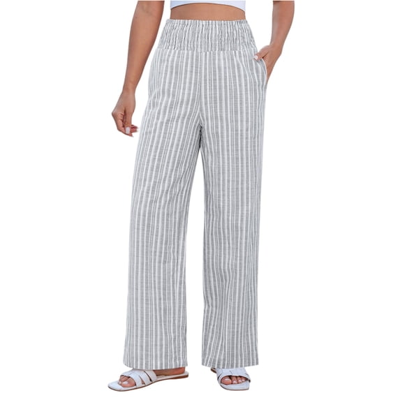 Linen Pants for Women Wide Leg Trendy Pull On High Rise Striped Elastic Smock Waist Beach Vacation Palazzo Pants, L