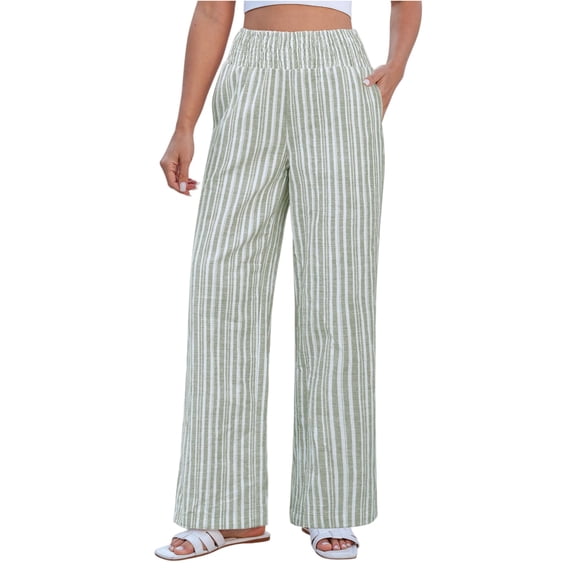 Linen Pants for Women Wide Leg Trendy Pull On High Rise Striped Elastic Smock Waist Beach Vacation Palazzo Pants, XL