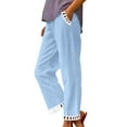 thumbnail image 1 of Linen Pants for Women with Pockets Ankle Length Summer Beach Casual Trousers Hollow-out Deisgn Lightweight Pants (M, Light Blue), 1 of 6