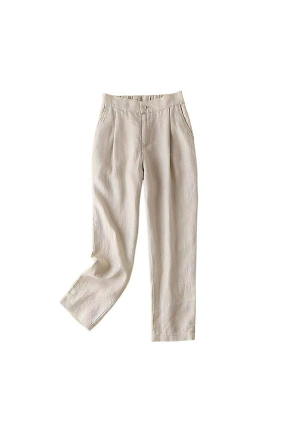 Linen Pants for Womens Button Down Summer Fall Elastic High Waist Casual Pants Loose Fitting Pleated Pants with Pockets,Beige,2XL