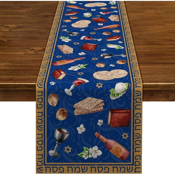 Linen Passover Table Runner Pesach Jewish Seder Matzo Home Dining Room Kitchen Table Decoration (13.8" x 71")