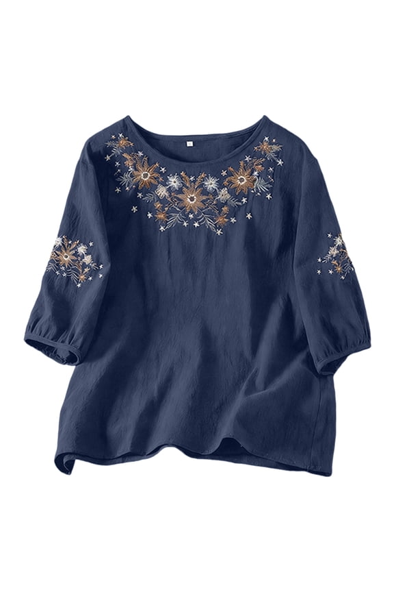 Linen Peasant Blouses for Women Summer Mexican Embroidered T-Shirts Casual Loose Fit Vintage Short Sleeve Boho Top