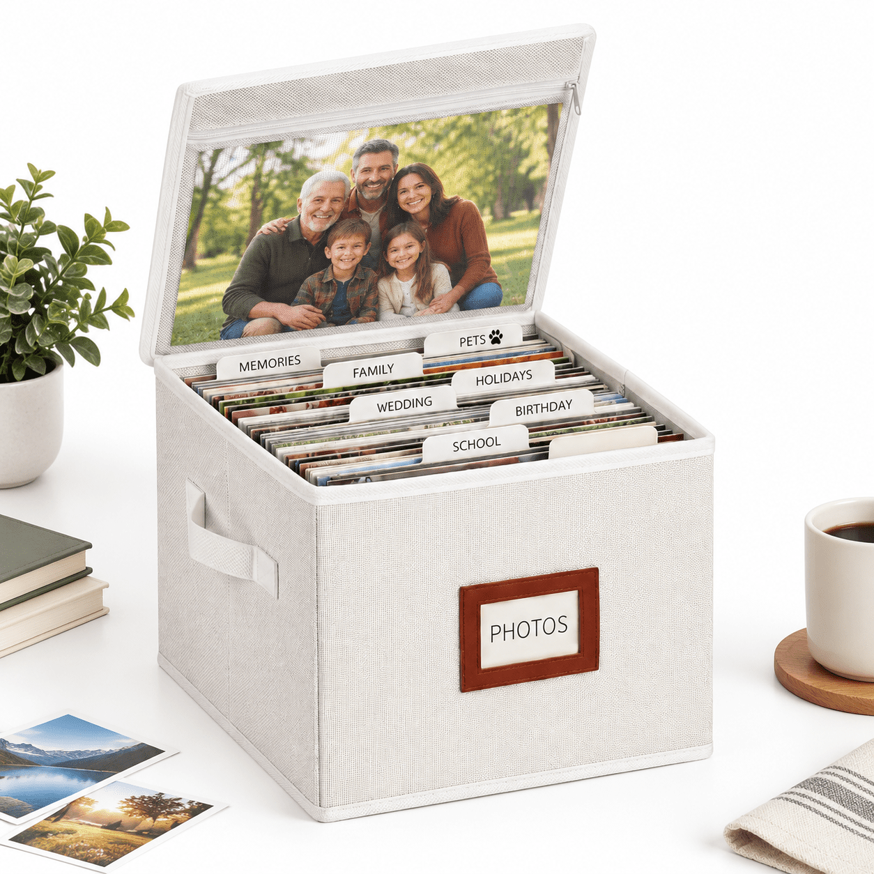 Photo Taking Box Linen Photo Storage Box With Lid And Dividers, Holds Up To 800 8x10 ...