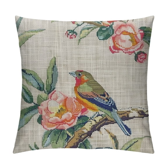 Linen Pillow Case Peony Bird Pattern Double Sided Decorative Cushion Cover for Sofa Bed Chair Car