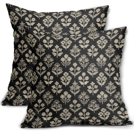 Linen Pillow Covers 18x18 Inches - Black Cream Floral Printed Throw Pillow Covers for Living Room Sofa Decor (1 Pc)