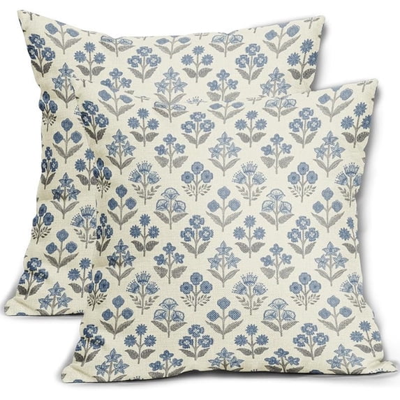 Linen Pillow Covers 18x18 Inches - Off White Dusty Blue Floral Block Print Throw Pillow Cover for Couch Sofa Decor (1 Pc)