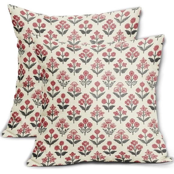 Linen Pillow Covers 18x18 Inches - Rust Red Terracotta Floral Block Print Throw Pillow Cover for Couch Sofa Decor (1 Pc)