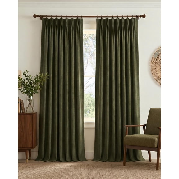 Linen Pinch Pleated Curtains - 90 inch Long with Hooks, Vintage Olive Dark Green 395GSM Room Darkening Wrinkle Resistant Drapes for Bedroom, Modern Home Decor (40" Wide, 2 Panels)