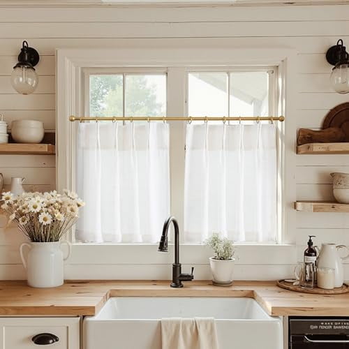 Linen Pinch Pleated Kitchen Curtains 30 Inch 2 Panels, Natural Linen Tier Curtains Back Tab Farmhouse Cafe, Light Filtering Small Window Drapes for Bathroom Laundry Room Off White