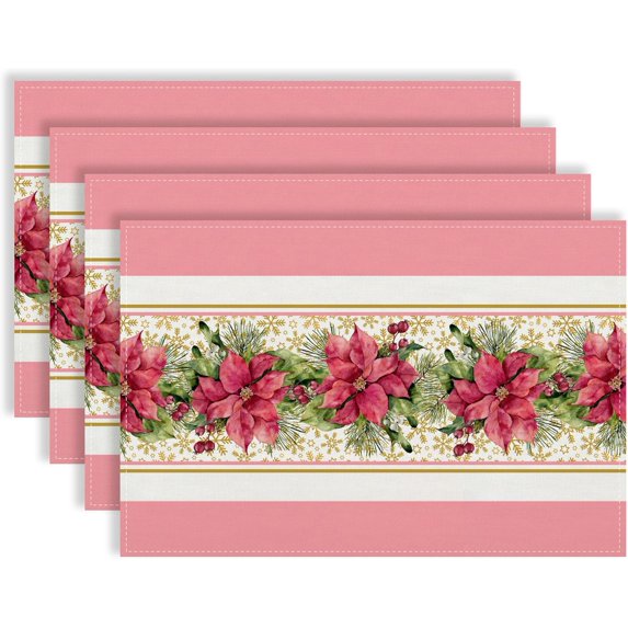 Linen Pink Christmas Placemats Set of 4 Poinsettia Christmas Table Mats Winter New Year Xmas Decor Pink Christmas Decorations and Supplies for Home Kitchen Table-12×18’’
