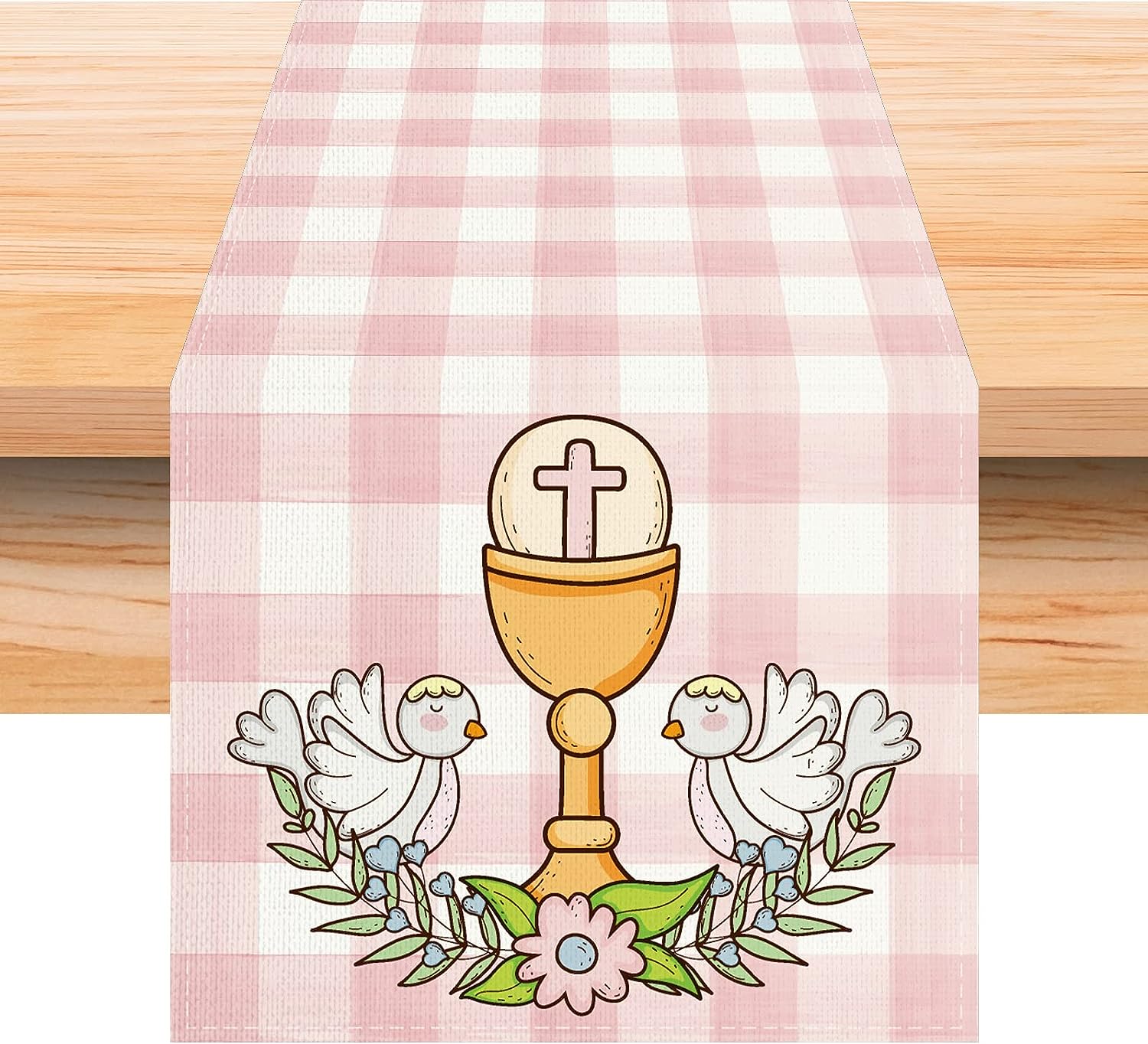 Linen Pink First Communion Table Runner 72 Inches Long Baptism
