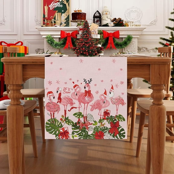 Linen Pink Hawaiian Tropical Flamingo Christmas Table Runner 108 Inches Long Hawaii Beach Christmas Xmas Winter Holiday Home Kitchen Table Decorations