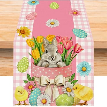 Linen Pink and White Buffalo Check Plaid Easter Table Runner 71 Inches Long Easter Egg Bunny Chick Daisy Tulip Floral Table Decor Spring Summer Easter Home Kitchen Dining Room Table Decorations