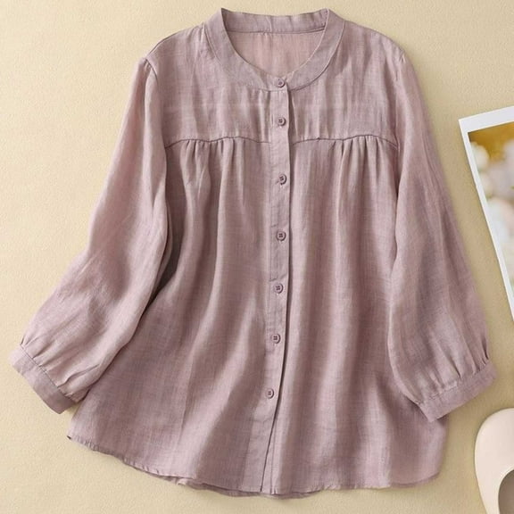 Linen Pintuck Tops for Women Cotton Button Down Long Sleeve Crew Neck Tunic Shirts Casual Summer Loose Fit Blouses