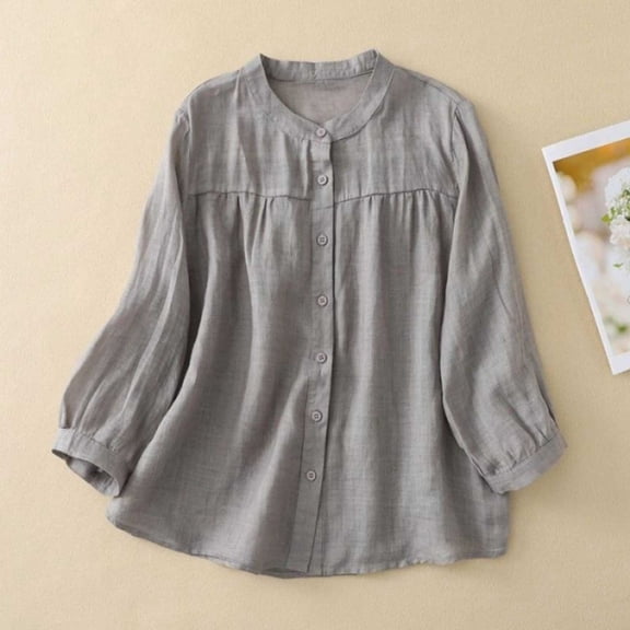 Linen Pintuck Tops for Women Cotton Button Down Long Sleeve Crew Neck Tunic Shirts Casual Summer Loose Fit Blouses