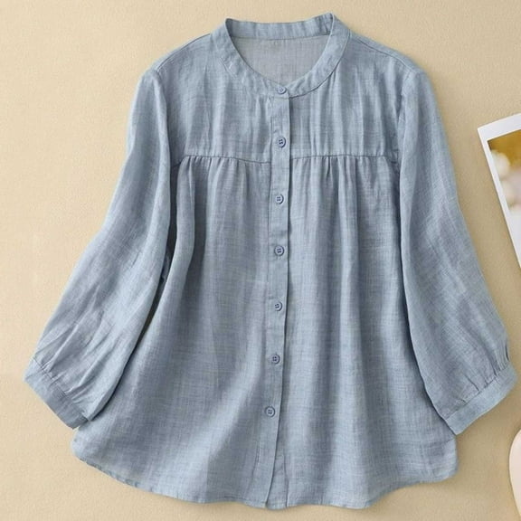 Linen Pintuck Tops for Women Cotton Button Down Long Sleeve Crew Neck Tunic Shirts Casual Summer Loose Fit Blouses