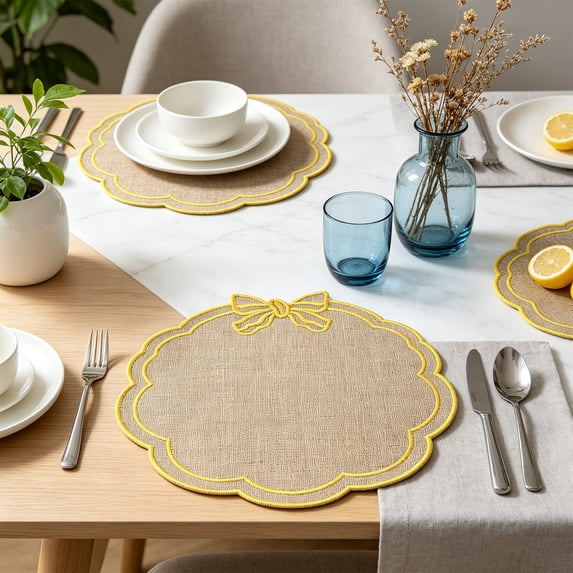Linen Placemats Bow Embroidered Round Scalloped Kitchen Place Mats for Wedding Party Home Dining Table Decor, Set of 1, 15 x 15 inch