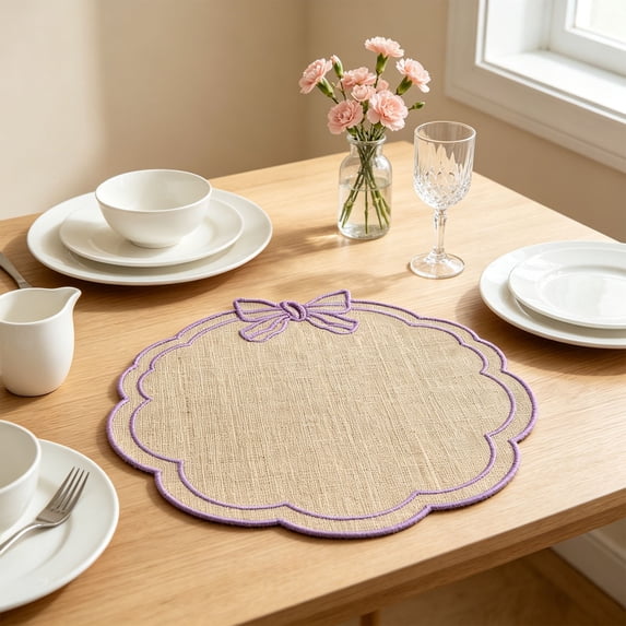 Linen Placemats Bow Embroidered Round Scalloped Kitchen Place Mats for Wedding Party Home Dining Table Decor, Set of 1, 15 x 15 inch