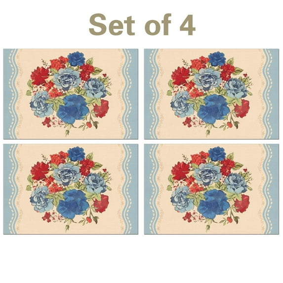 Linen Placemats Set Of 4 11.8x17.7 Inch,Pioneer Colorful Flowers Fabric Table Mats,Resistant Washable Wipeable Table Mat for Party Kitchen Dining Home Decor