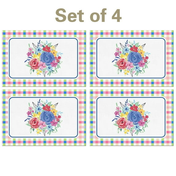 Linen Placemats Set Of 4 11.8x17.7 Inch,Pioneer Colorful Flowers Fabric Table Mats,Resistant Washable Wipeable Table Mat for Party Kitchen Dining Home Decor