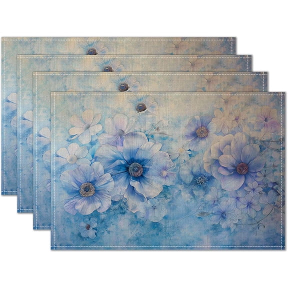 Linen Placemats Set of 4 12x18 inch Spring Table Mats for Dining Table Blue Floral Farmhouse Decorations Kitchen Decor Desk Mat for Outdoor Home Party Kitchen Seasonal Dining Decor