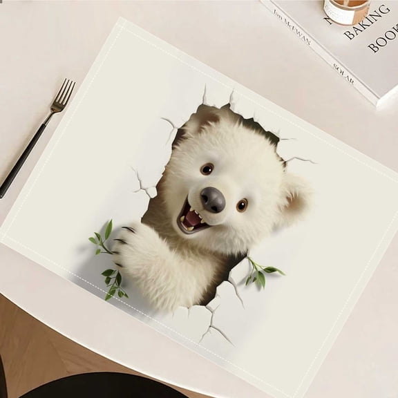 Linen Placemats Set of 4, 32x42cm Hole Bear Print Design Warm White Brown, Washable Non-Slip Table Mats for Dining Table Kitchen Home Party Decoration
