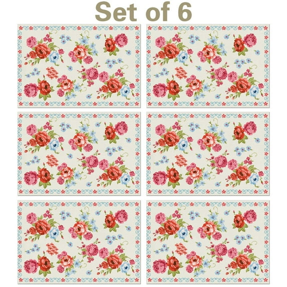 Linen Placemats Set Of 6 11.8x17.7 Inch,Pioneer Colorful Flowers Fabric Table Mats,Resistant Washable Wipeable Table Mat for Party Kitchen Dining Home Decor