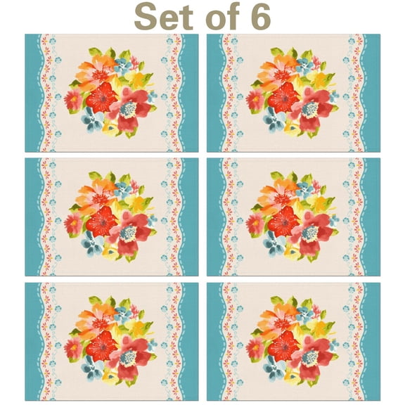 Linen Placemats Set Of 6 11.8x17.7 Inch,Pioneer Colorful Flowers Fabric Table Mats,Resistant Washable Wipeable Table Mat for Party Kitchen Dining Home Decor