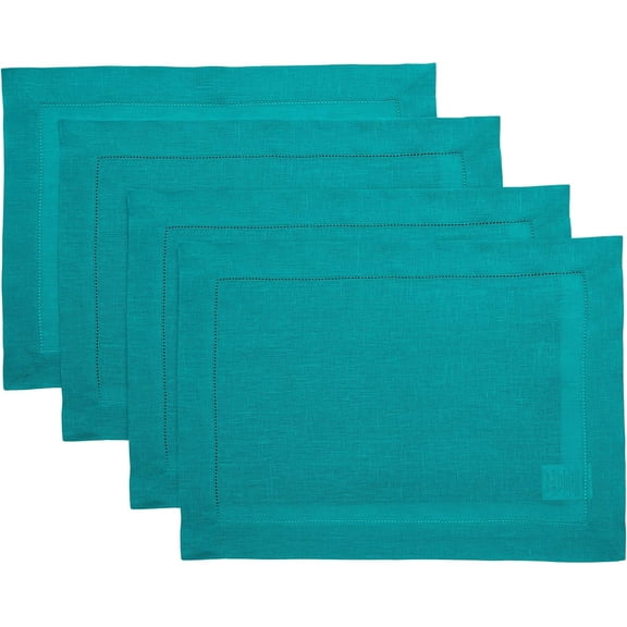 Linen Placemats Set of 4, 14 x 19 Inch, Teal, Classic Hemstitch