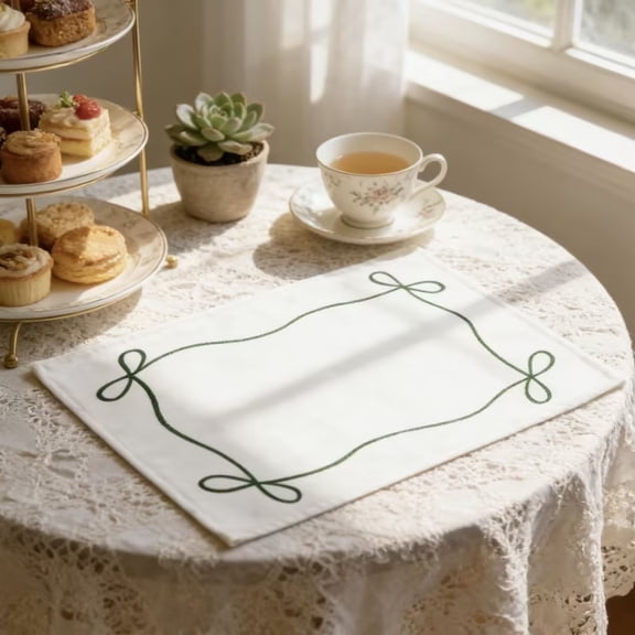 Linen Placemats with Bow Embroidery - Wrinkle-resistant, Condensation Absorbing, Festive Table Decor, Handcrafted for Dining and Celebrations