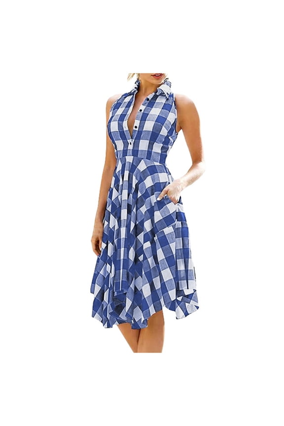 Linen Plaid Shirt Dresses for Women Summer Sleeveless Button Down Handkerchief Hem Flowy Beach Vacation Dresses