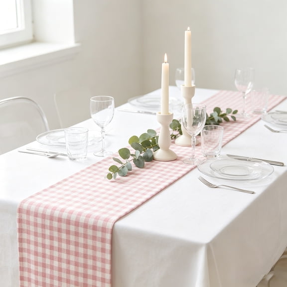 Linen Plaid Table Runner Elegant Festive Decorative Banner Resistant Washable Table Dresser for Wedding Thanksgiving Party 7.9"x108.3" Pink