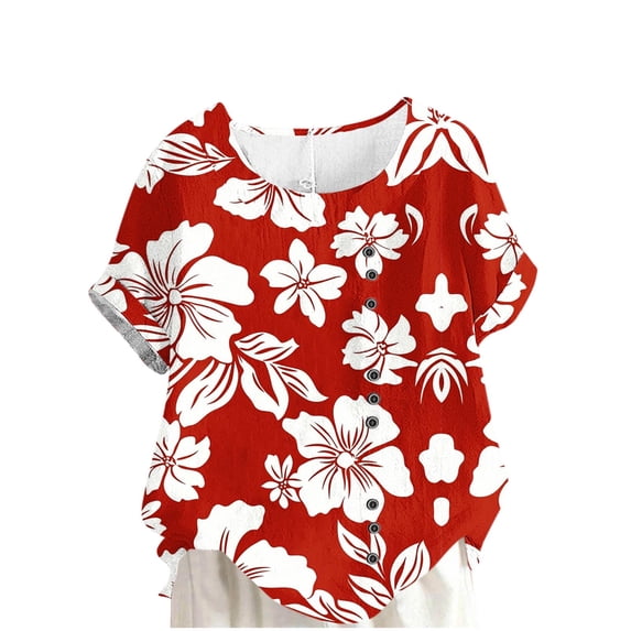 Linen Plus Size Tops for Women Floral Printed Short Sleeve Crewneck Loose Fit Casual Beach Summer Tshirts (4XL, Red)