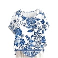 thumbnail image 1 of Linen Plus Size Tops for Women Floral Printed Short Sleeve Crewneck Loose Fit Casual Beach Summer Tshirts (XL, Blue), 1 of 5