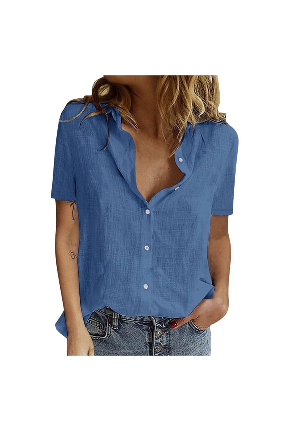 Linen Pullover Women Solid Color Short Cuffed Sleeve Couple Shirts,Dark Blue,S